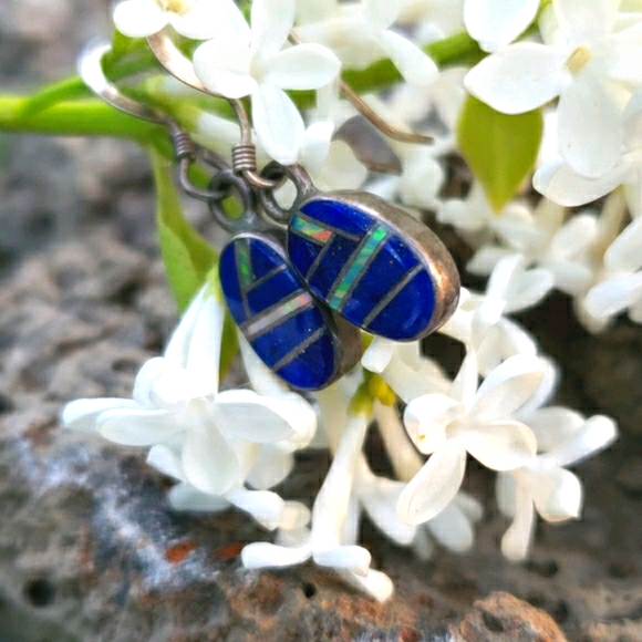 Vtg Genuine Lapis Opal Mosaic Silver Drop Earrings - Picture 10 of 16